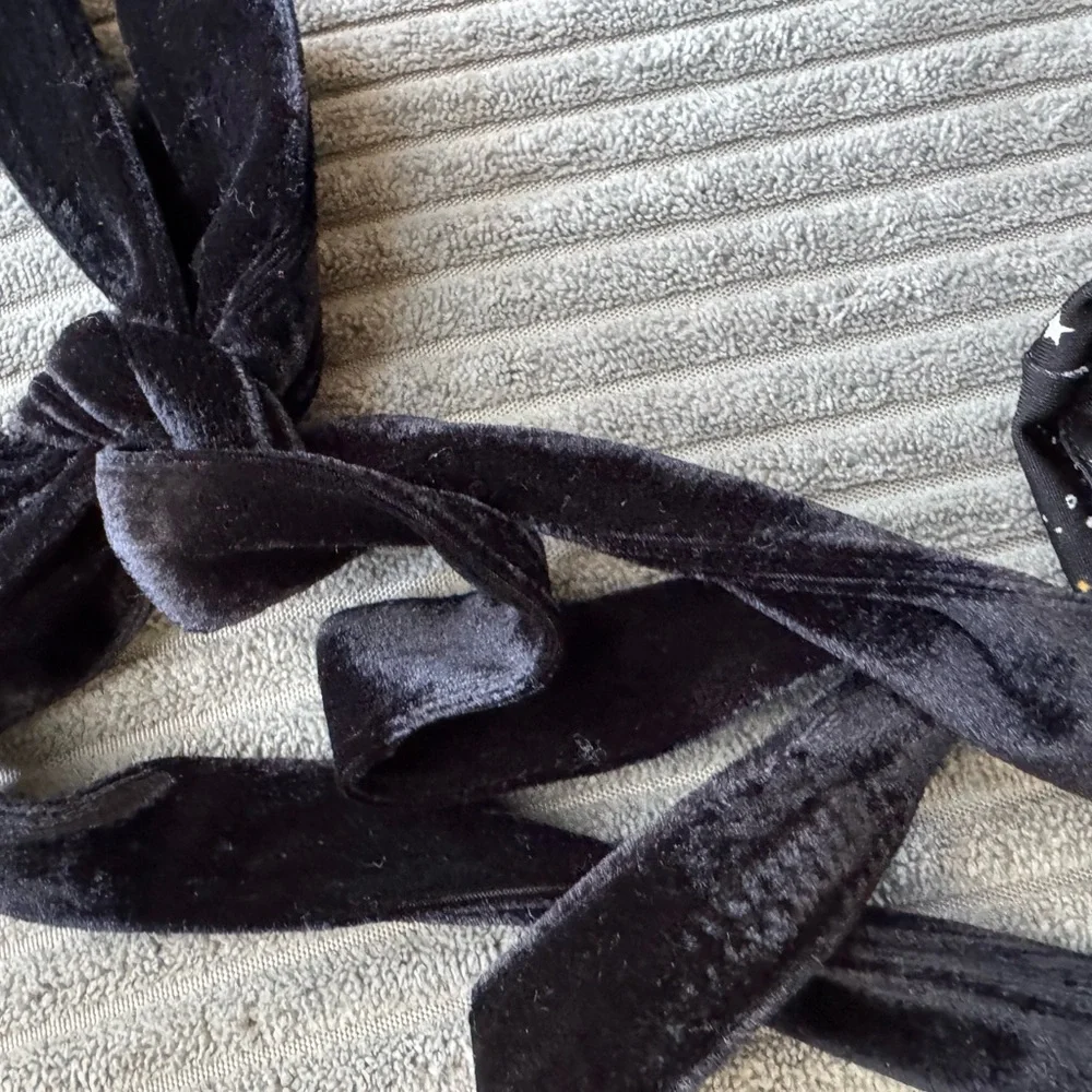 New bodysuit corset top velvet ribbon straps yellow black white stars medium